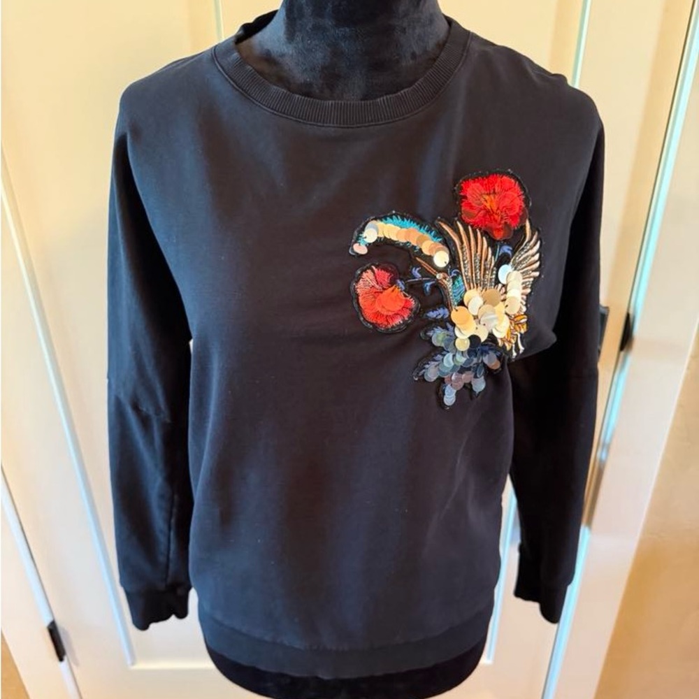 Louis Feraud Black and Red Crewneck Sweater with Floral Embellishment Size Small